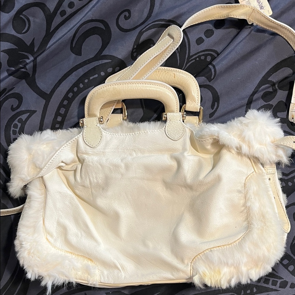Fendi Cream Shoulder Bag with Fur Accents
